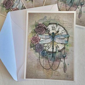 Set of 5- DRAGONFLY CLOCK handmade folded blank gift, greeting, journaling, happ